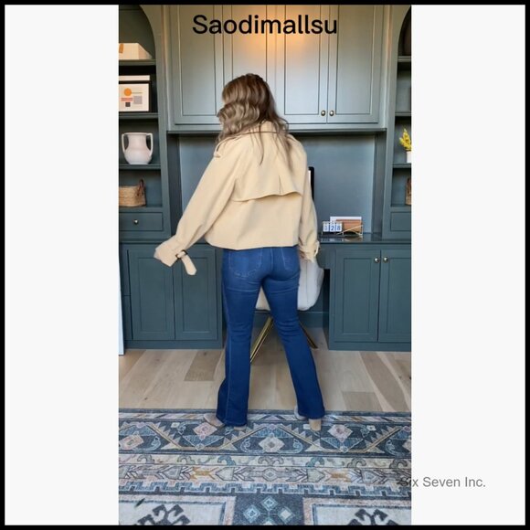 Women's Crop Double Breasted Trench Coat Raglan Sleeve Jacket - Picture 7 of 7